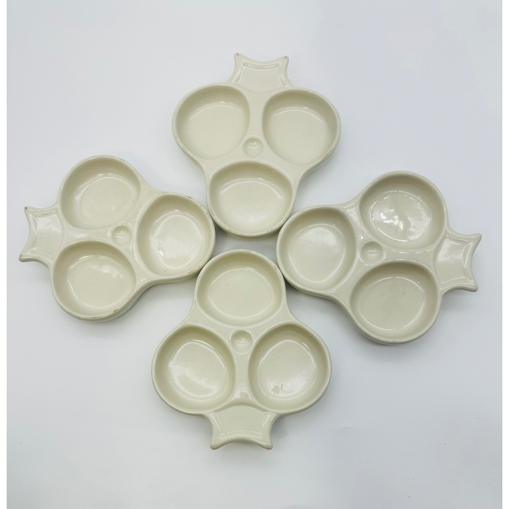Hall China 231 Ivory Oyster Plates Set of 4 Vintage Ceramic 3-Well Appetizer USA